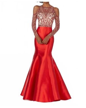 Paparazzi by Mori Lee Larissa Satin Beaded Net Bodice Mermaid Gown - Red