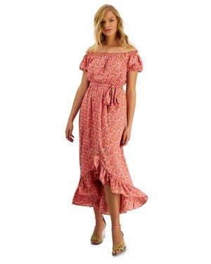 BarIII Off-The-Shoulder Printed Puff Sleeve Maxi Dress - Red