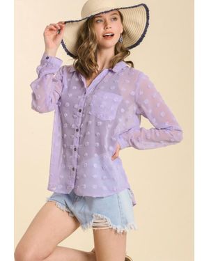 Umgee Sheer Button Down Swiss Dot Shirt - Purple