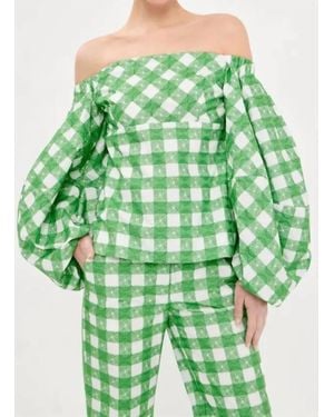 Rosie Assoulin Empire Balloon Sleeve Picnic Embroidered Gingham Blouse - Green