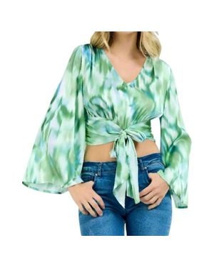 Love Bowtie Crop Flare Sleeve Top - Blue