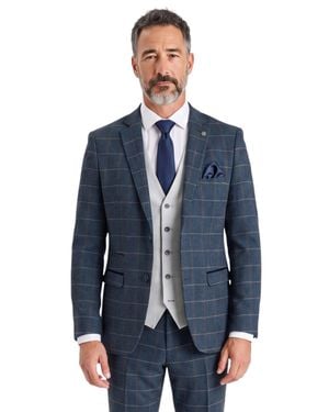 Paul Andrew Harris Check Tweed 3 Piece Suit With Waistcoat Heritage Style - Blue