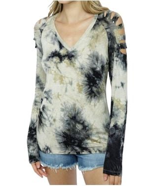 Vocal Apparel Tie Dye Stud Sliced Long Sleeve Top - Green