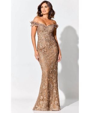 Ivonne D Off The Shoulder Allover Lace Gown - Brown