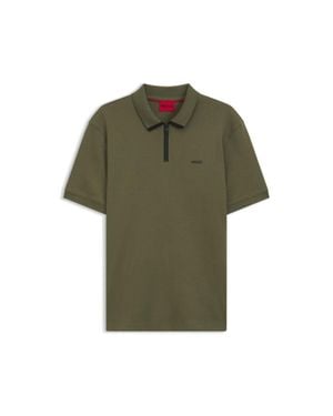 HUGO Cotton Pique Polo Shirt With Zipper Neckline - Green