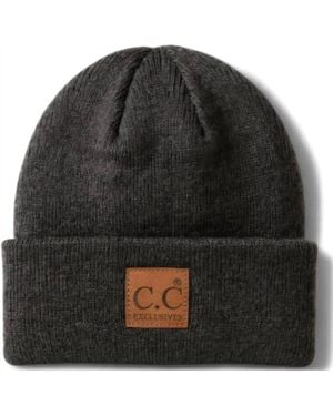 Cc Soft Ribbed Leather Patch Beanie - Black