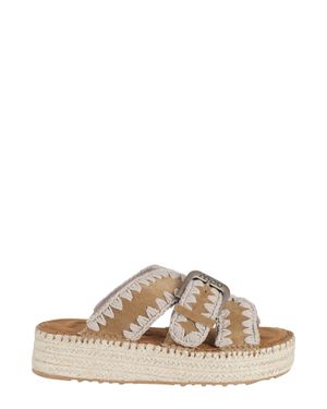 Mou Cognac Jute Crochet Trim Adjustable Strap Suede Sandals - Gray