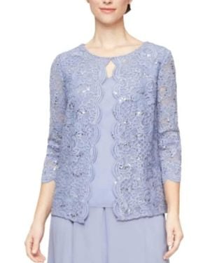 Alex Evenings Sequin Lace Chiffon Scallop Trim Detail Faux Twinset - Blue