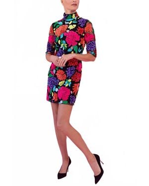 Naeem Khan Floral Beaded Mock Neck Dress - Red