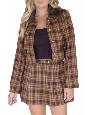 Moon River Plaid Fur Trim Jacket - Brown