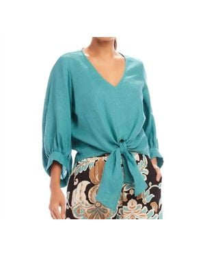Karen Kane Bobbi Blouson Sleeve Linen Tie-Front Top - Blue