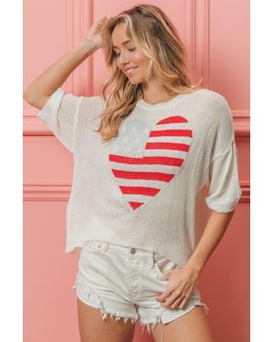 TRUEDAMES Striped Heart Contrast Knit Top - White