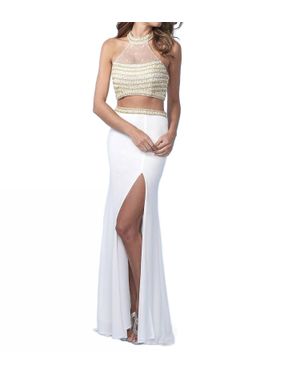Splash Prom Beaded Halter Prom Dress - White