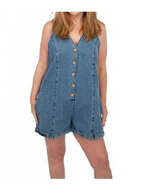 Miou Muse Button Front Denim Romper - Blue