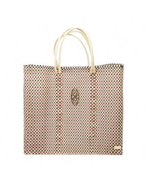Lolas Bag Medium Woven Checkered Regular Strap Tote Bag - Natural