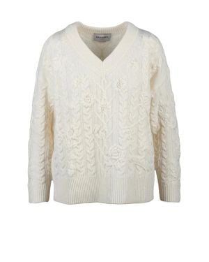 ERMANNO FIRENZE V-Neck Cashmere Wool Sweater With Tone-On-Tone Embroidery - White