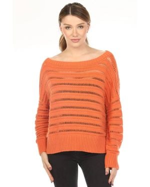 Planet By Lauren G. Loomed Boat Neck Sweater Top - Orange