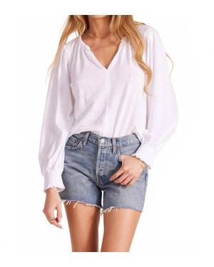 Bobi Smocked Sleeve Split Neck Top - White