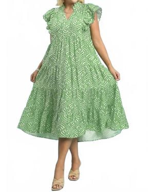 Umgee Leaf Print Tiered Maxi Dress - Green