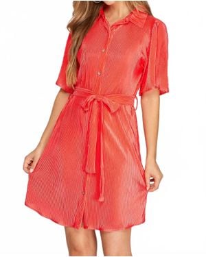She + Sky Half Sleeve Plisse Woven Button Down Dress With Waist Sash - Red