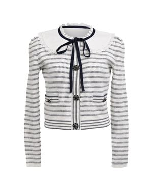 Self-Portrait Ribbed-Knit Metallic Striped Cardigan - Gray