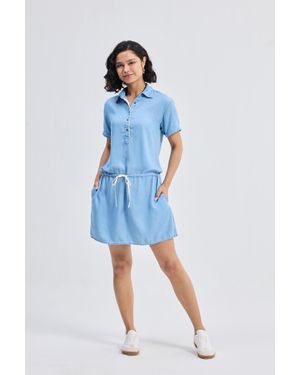 REISTOR Drawstring Denim Shirt Dress With Front Buttons - Blue