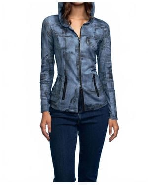 oolala Denim Down Printed Rushed Mesh Blouse - Blue