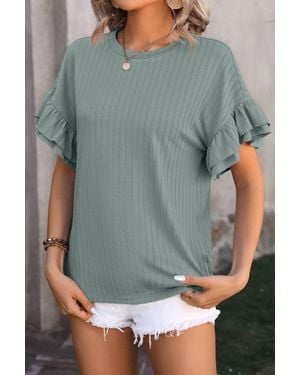 Shewin Textured Ruffle Sleeve Top - Gray