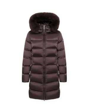 Colmar Plush Fur Trim Hooded Long Down Coat - Brown