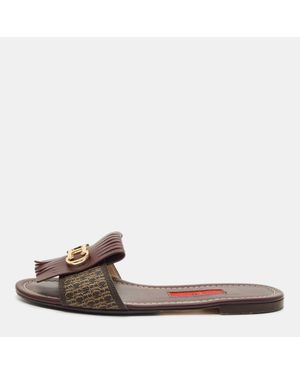 Carolina Herrera Burgundy Canvas And Leather Flat Slides - Brown