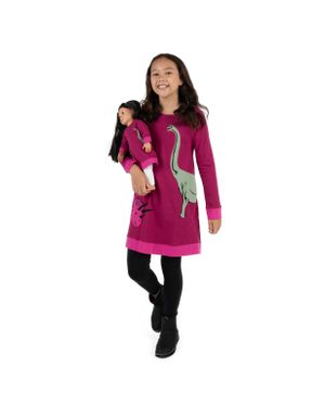 Leveret Girls And Matching Doll Cotton Dress Dinosaur - Red