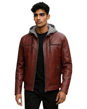 Infinity Leather Hooded Biker Lamb Leather Jacket - Red