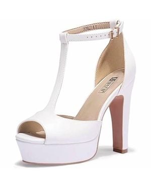 IDIFU Peep Toe Ankle T Strap Platform Heels - White