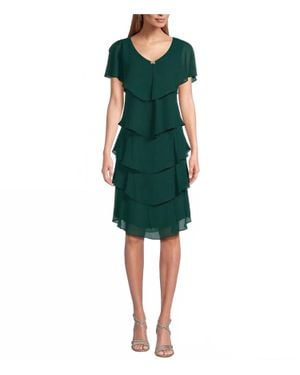 SLNY Georgette Tiered Capelet Dress - Green