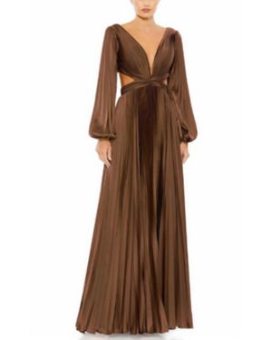 Ieena for Mac Duggal Long Sleeve Pleated Cut-Out Gown - Brown