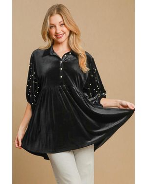 TRUEDAMES Pearl Detail Half Sleeve Velvet Babydoll Blouse - Black