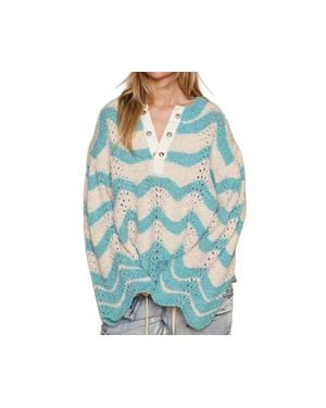 Pol Oversize Round Neck Stripes Solid Pullover Sweater - Blue