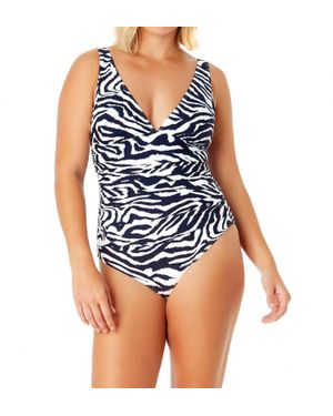 Anne Cole V-Neck Shirred One-Piece Swimsuit - Blue