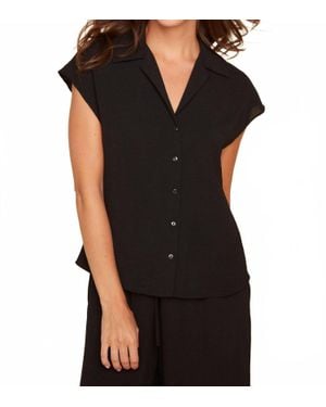 Renuar Button Front Collared Blouse With Cap Sleeves - Black