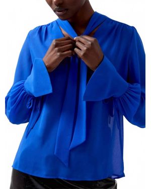 French Connection Eden Long Sleeve Tie Neck Top - Blue