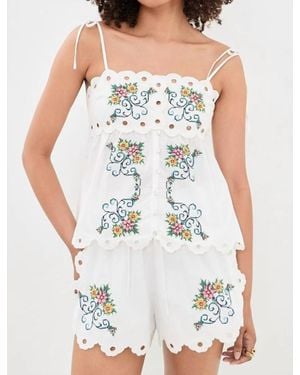 Moon River Scallop Floral Embroidered Top - White