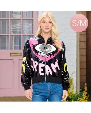 TRUEDAMES Dreams Screams Letter Eye Sequin Zip Up Bomber Jacket - Blue