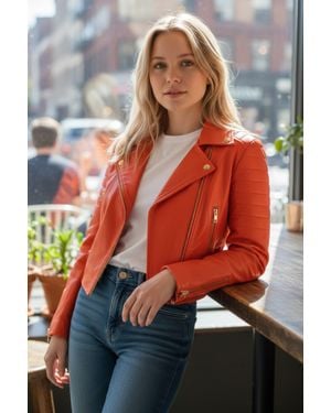 Infinity Leather Cropped Brando Leather Biker Jacket-Durban - Red