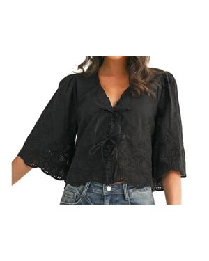 Anniewear Floral Embroidery Tie Front Blouse - Black