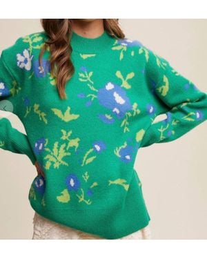 Listicle Flower Pattern Pullover Knit Sweater - Green