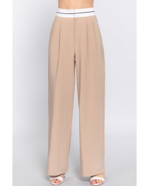 TRUEDAMES Contrast Waistband Straight Long Pants - Natural