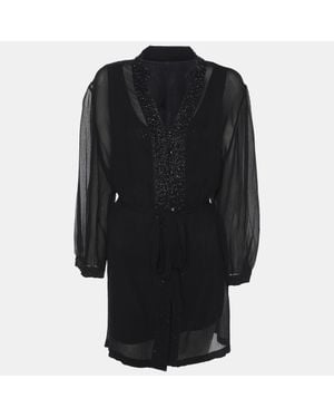 Elena Miro Chiffon Embellished Long Sleeve Shirt Set - Black