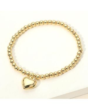 Fashnzfab Stainless Steel Heart Charm Beaded Stretch Bracelet - Metallic
