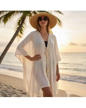 TRUEDAMES Boho Embroidered Open Front Tassel Tie Cover Up Kimono Poncho - Natural