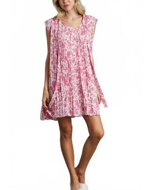 Umgee Pleated Sleeveless Tie Neck Short Dress - Pink